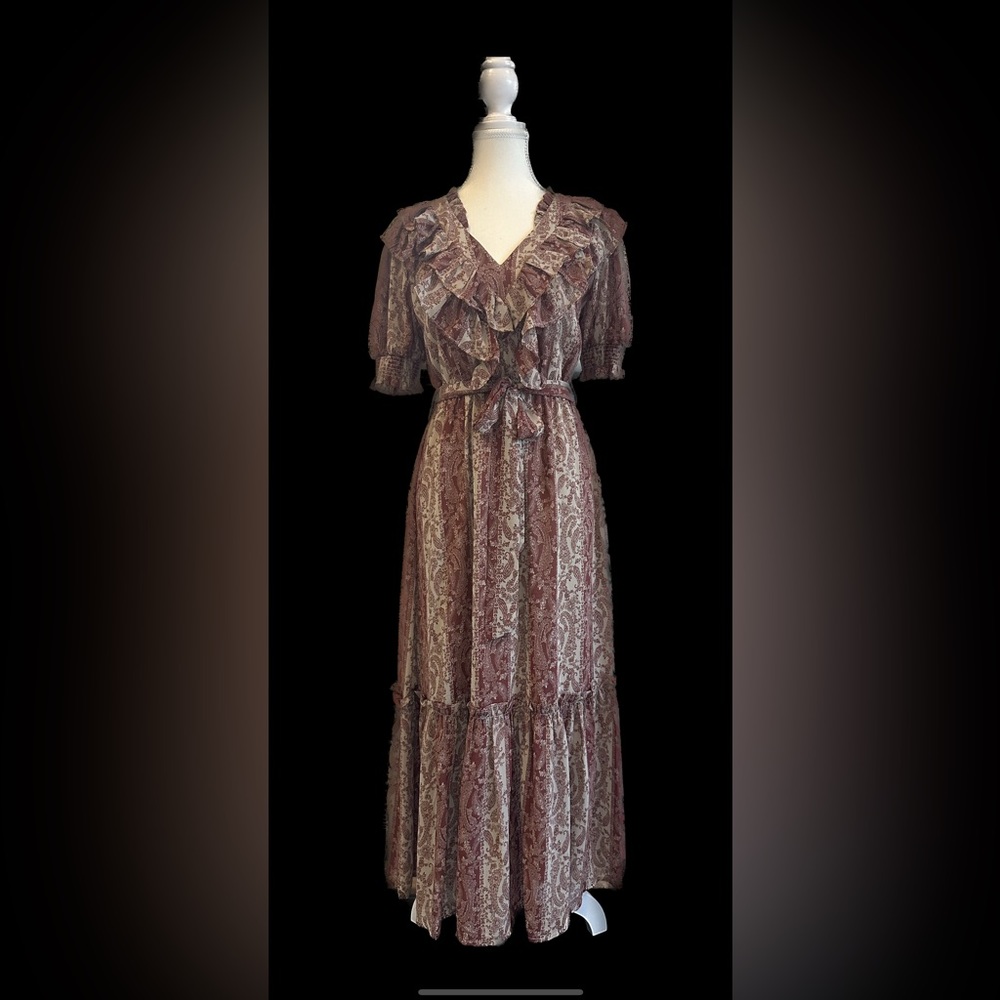 Moon River. Red / maroon/ cream paisley midi dress with ruffled v-neck. Size S.